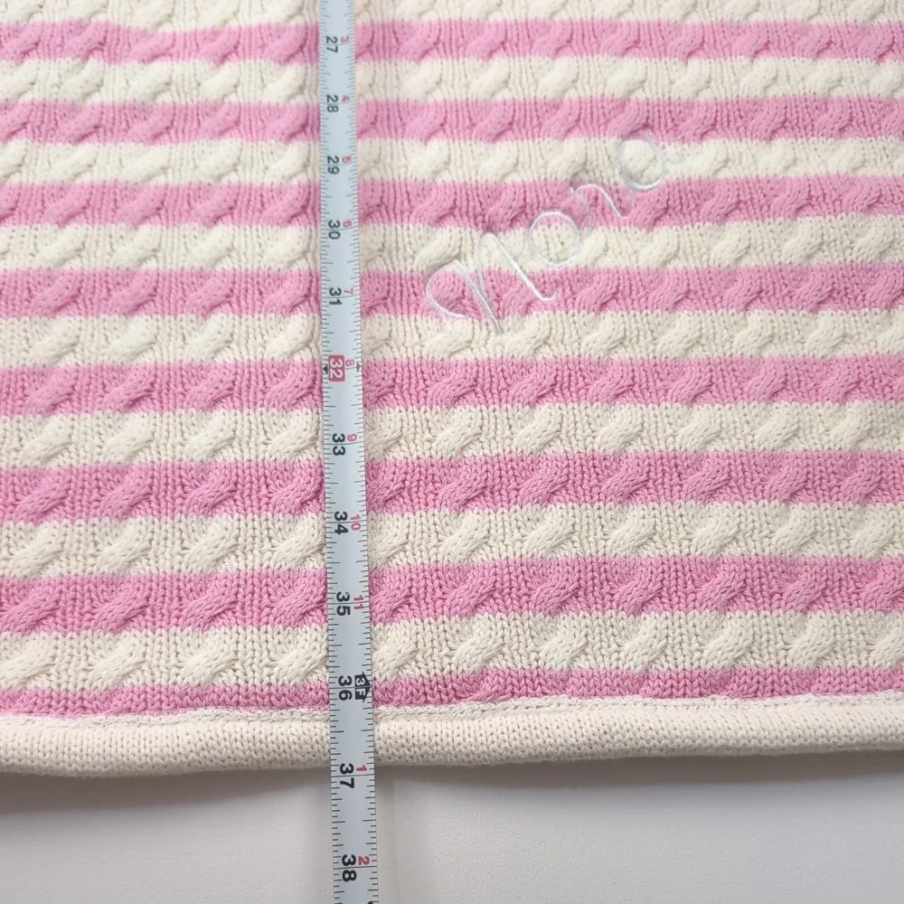 Pottery Barn Kids Cable Knit Baby Blanket Pink & Cream Stripe Sherpa 29x37 NORA